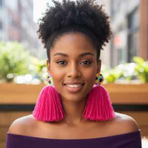 Abstract Hot Pink Tassel Earrings w/ Large Multicolored Stud