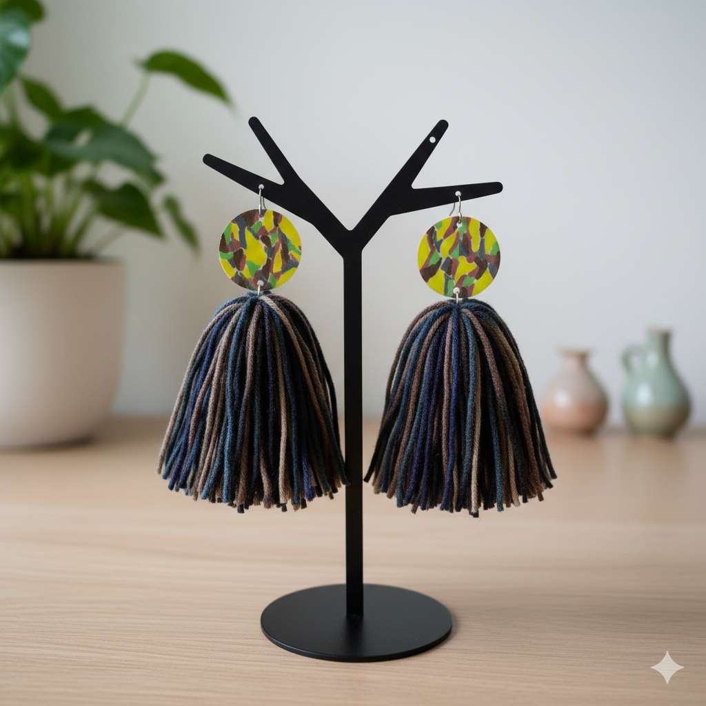 Abstract Camo Inspired Tassel Earrings w/ Large Multicolored Stud - Image 2
