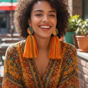 Abstract Golden Yellow and Green Stud Earrings w/ Tassel