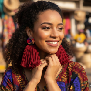 Abstract Burgundy Tassel Earrings w/ Large Multicolored Stud