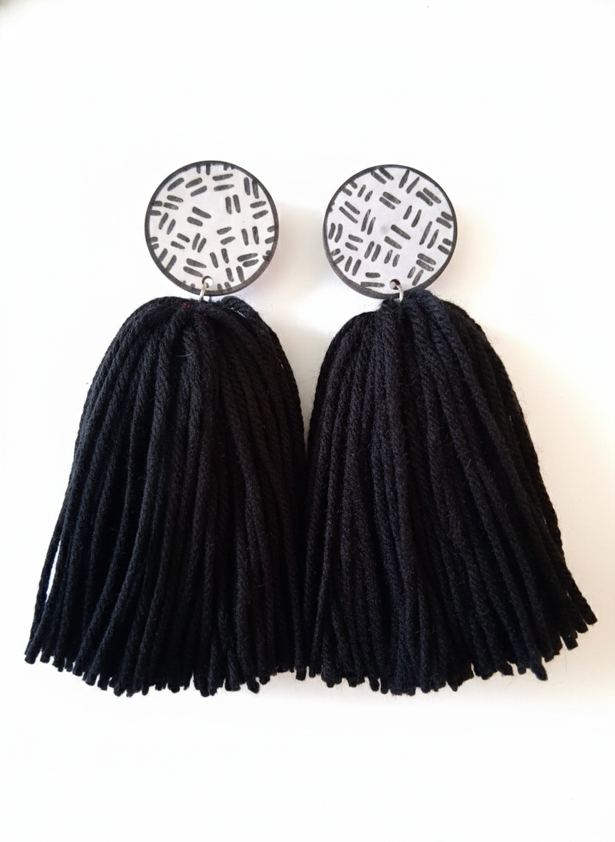 Abstract Black and White Stud Earrings w/ Black Tassel - Image 2