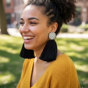 Abstract Black and White Stud Earrings w/ Black Tassel
