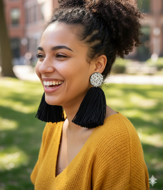 Abstract Black and White Stud Earrings w/ Black Tassel