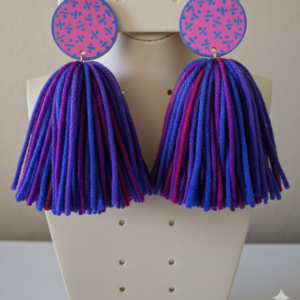 Abstract Deep Purple and Blue Stud Earring w-/ Blue and Purple Tassel